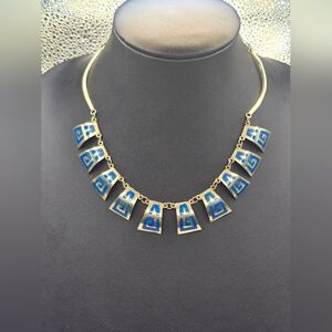 Vintage Taxco Alpaca Mexico Silver Turquoise Inlay Bib Choker Necklace